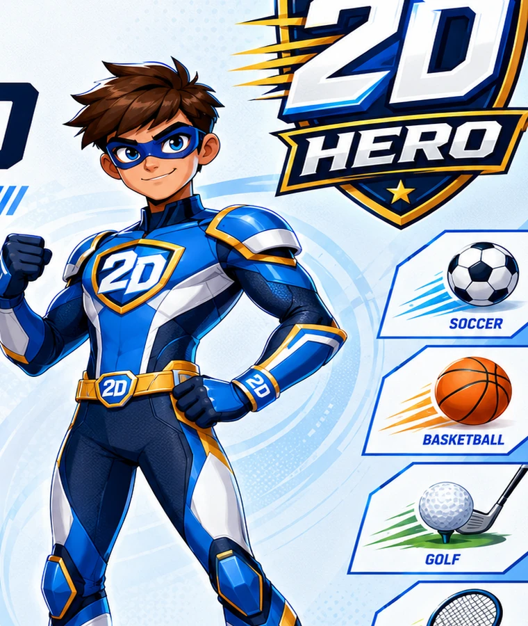 2D Hero in his approved blue and gold athletic suit