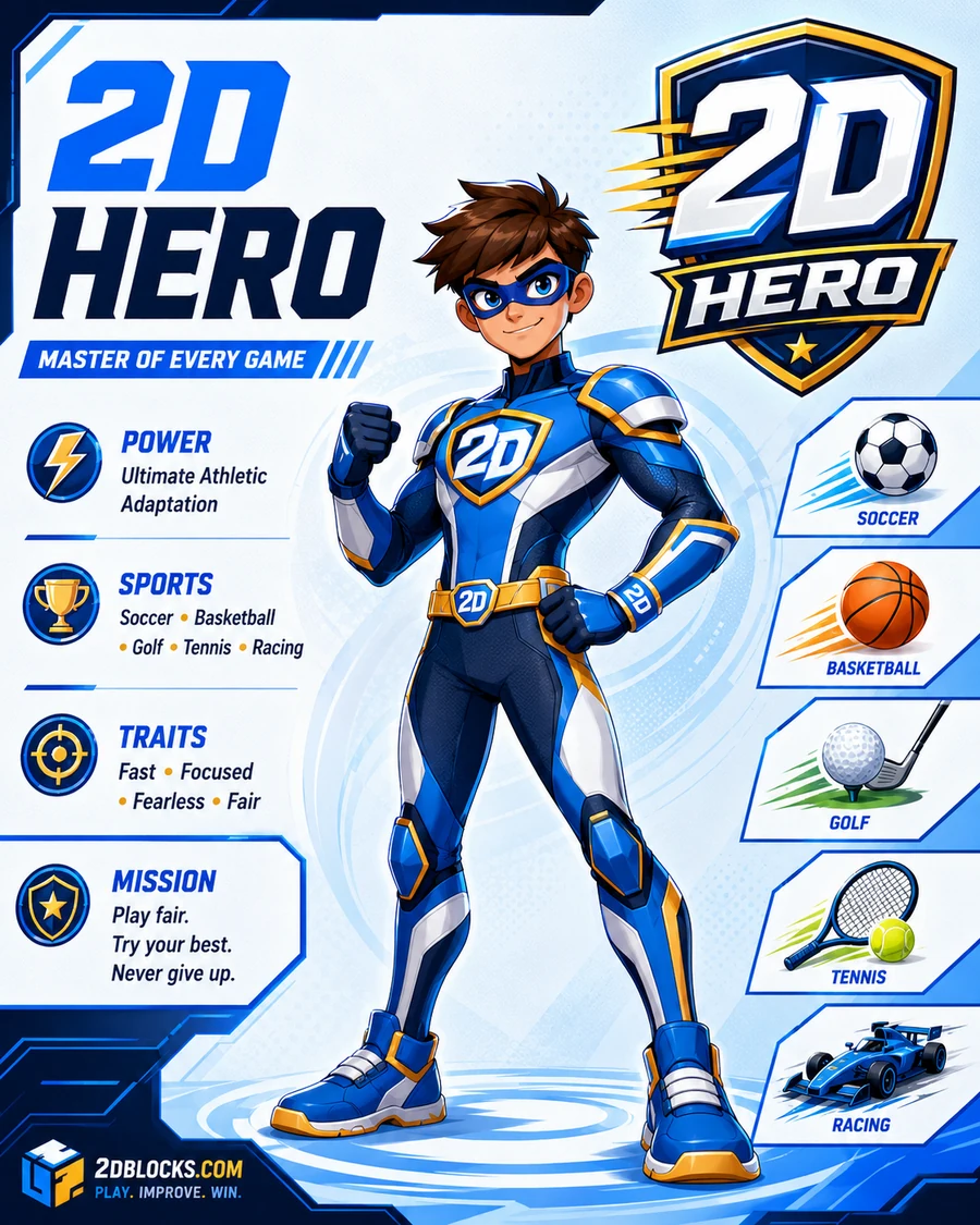 Official 2D Hero profile showing his blue, white and gold athletic superhero design