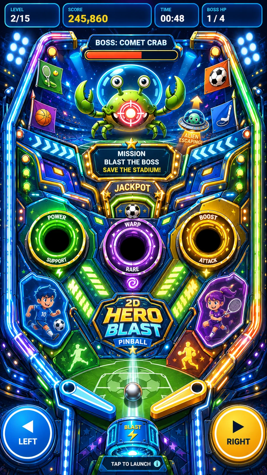 Bright 2D Hero Blast Pinball table with friendly robots and glowing Blast Shots