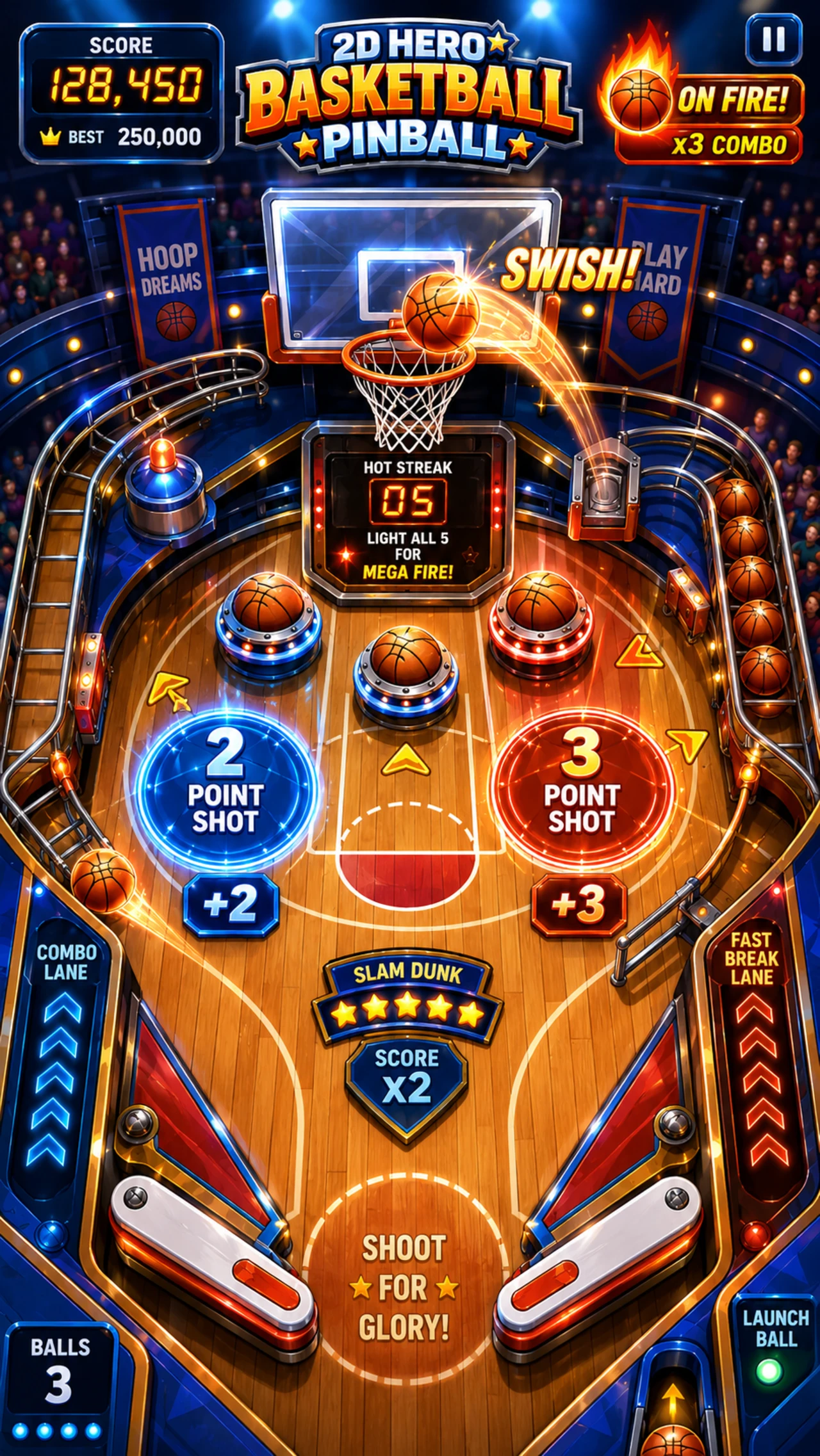 2D Hero Basketball Pinball hardwood arcade table with hoop and 2-point and 3-point shot zones