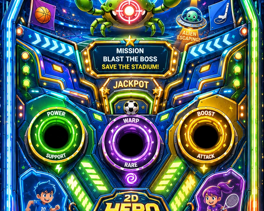 2D Hero Blast Pinball bright superhero arcade table with friendly robots and glowing Blast Shots
