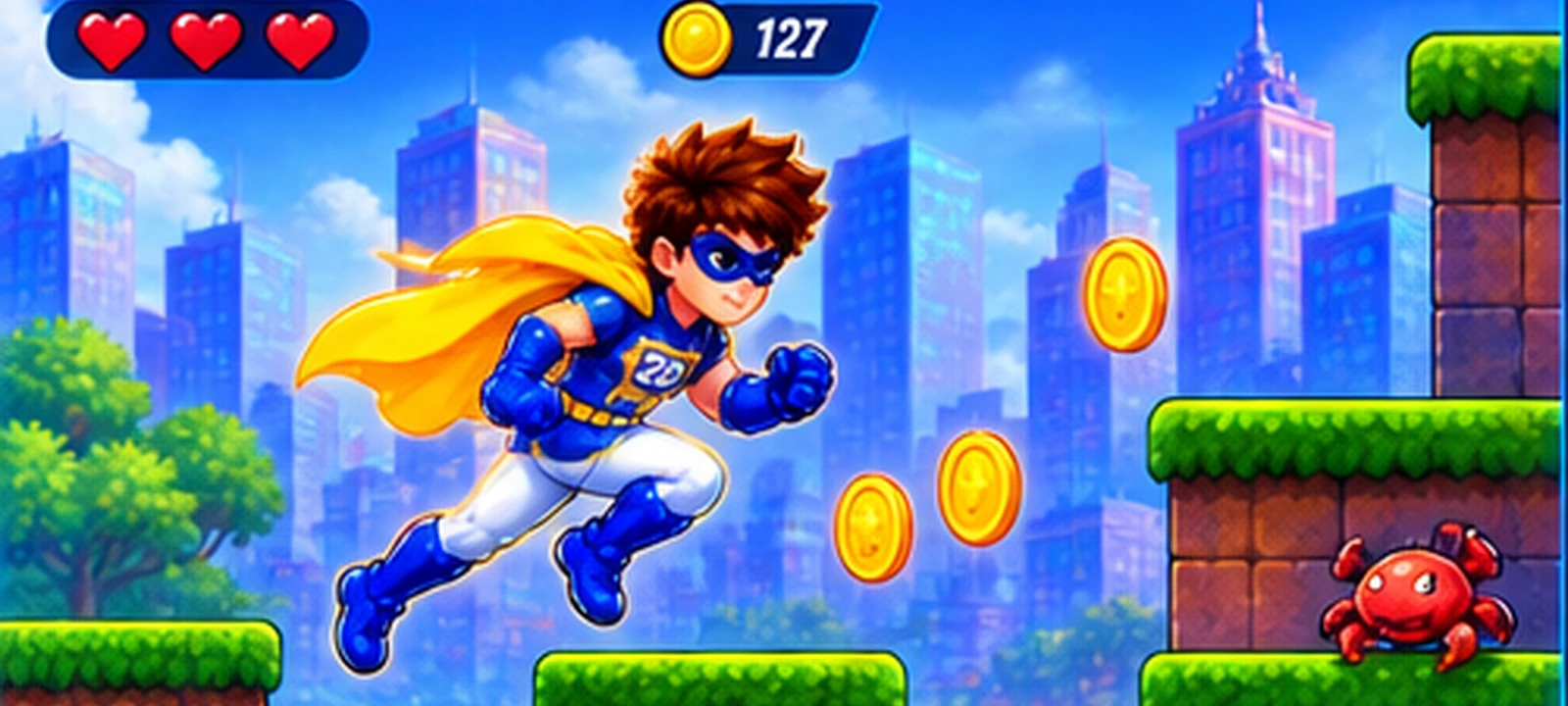 Actual 2D Hero Run game scene with the blue and yellow hero racing across neon rooftops toward robot enemies
