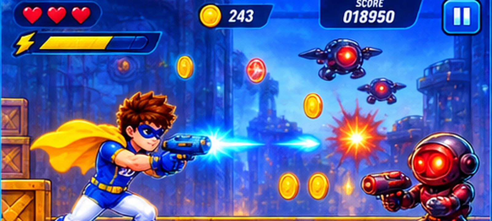Actual 2D Hero Shoot target game scene with the same blue and yellow hero, robot enemies and glowing score targets