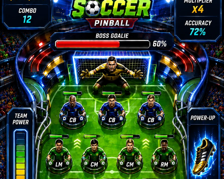2D Hero Soccer Pinball premium stadium table with soccer ball, boot flippers and boss goalie