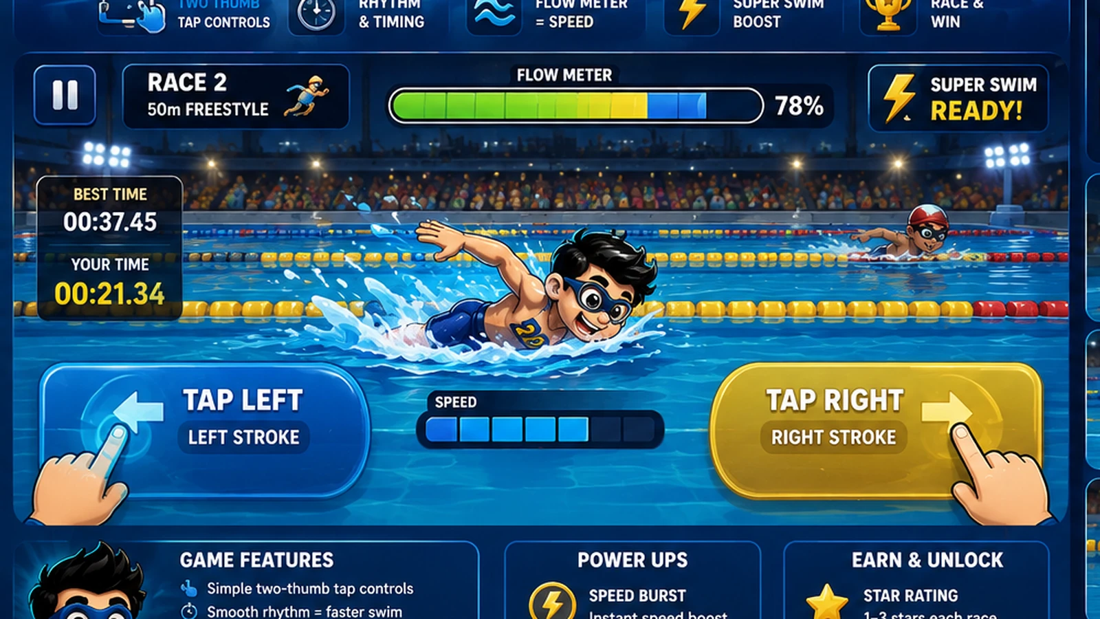 2D Hero Swim Sprint premium aquatic race with left and right two-thumb controls