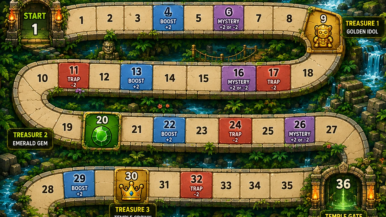 2D Hero Treasure Race Jungle Temple board with a winding 36-space path and three treasures
