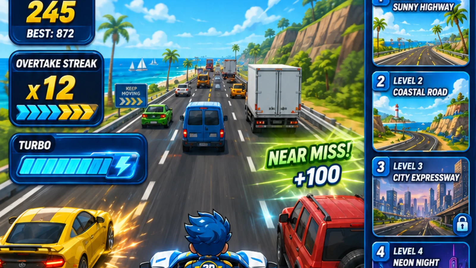 2D Hero Turbo Run blue and yellow hero racing car overtaking rival race cars