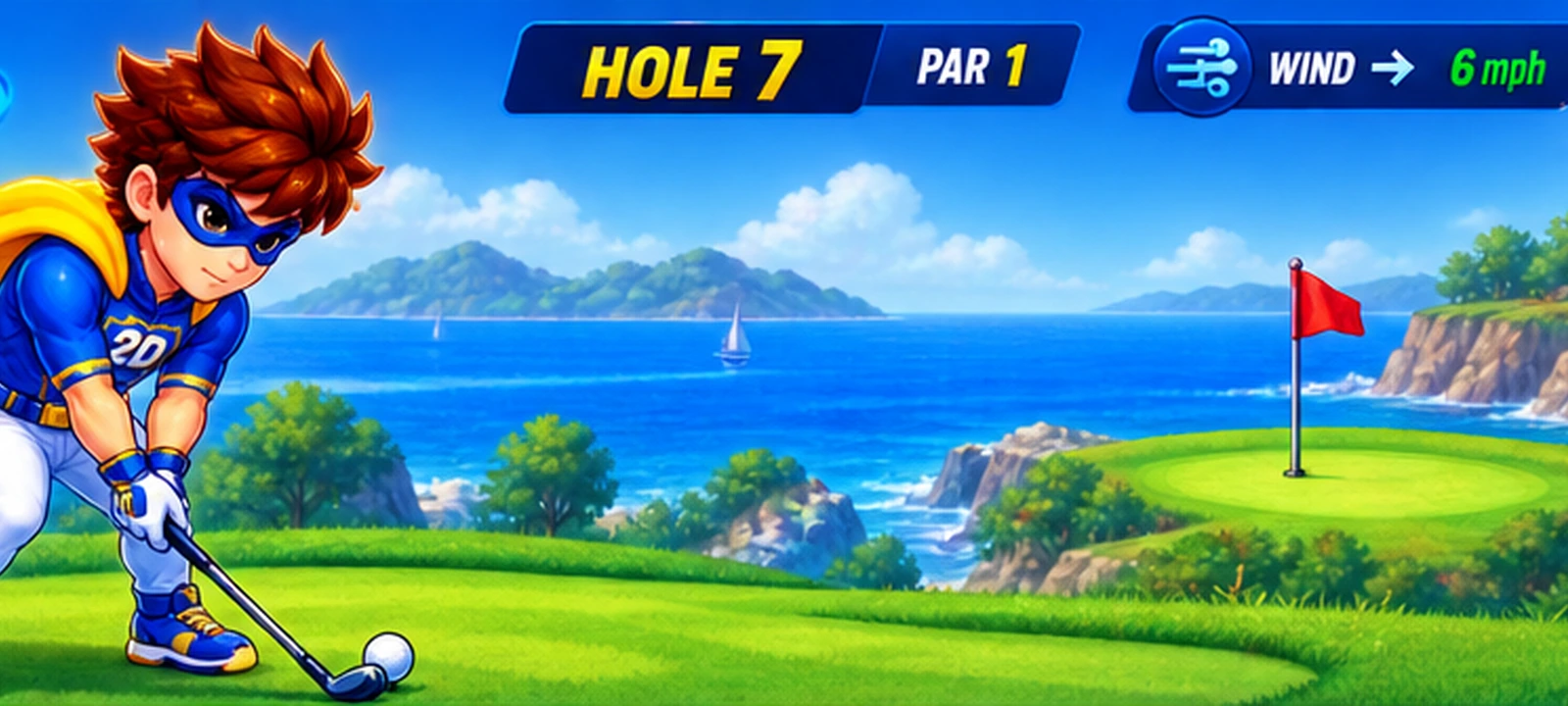 Premium 2D Par 1 futuristic golf hole with waterfalls, robots, bunkers and a city skyline