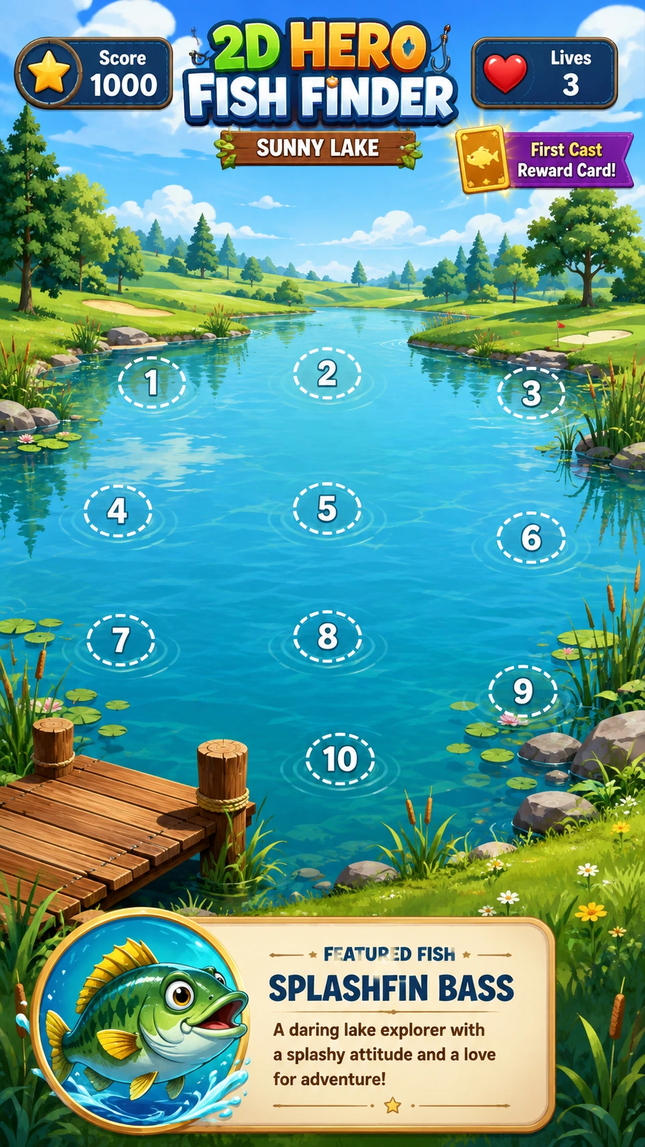 Sunny Lake with ten fishing spots and Splashfin Bass