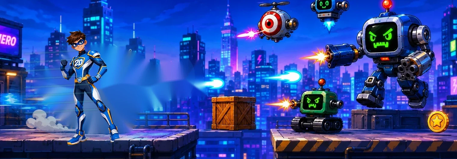 Actual 2D HERO RUN neon rooftop game scene